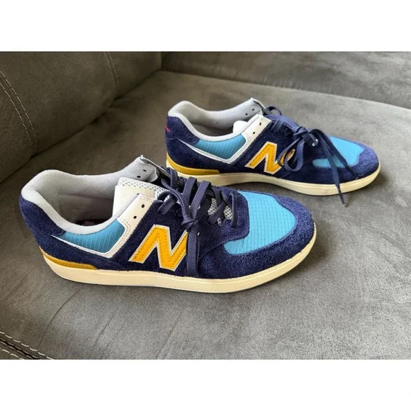 New Balance All Coasts 574 Navy Blue Yellow Suede Sneakers AM574MGN Mens 8 2E - Picture 2 of 6